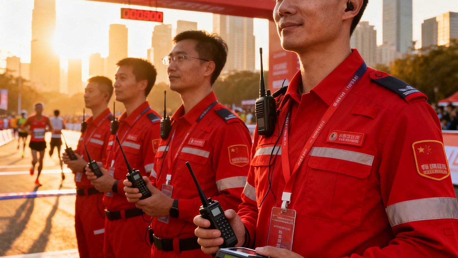 伟德体育赛事执行团队身着统一红色制服在马拉松起点线前集结，背景是城市天际线与晨曦光芒，队员们手持对讲机与计时设备，神情专注而自信。