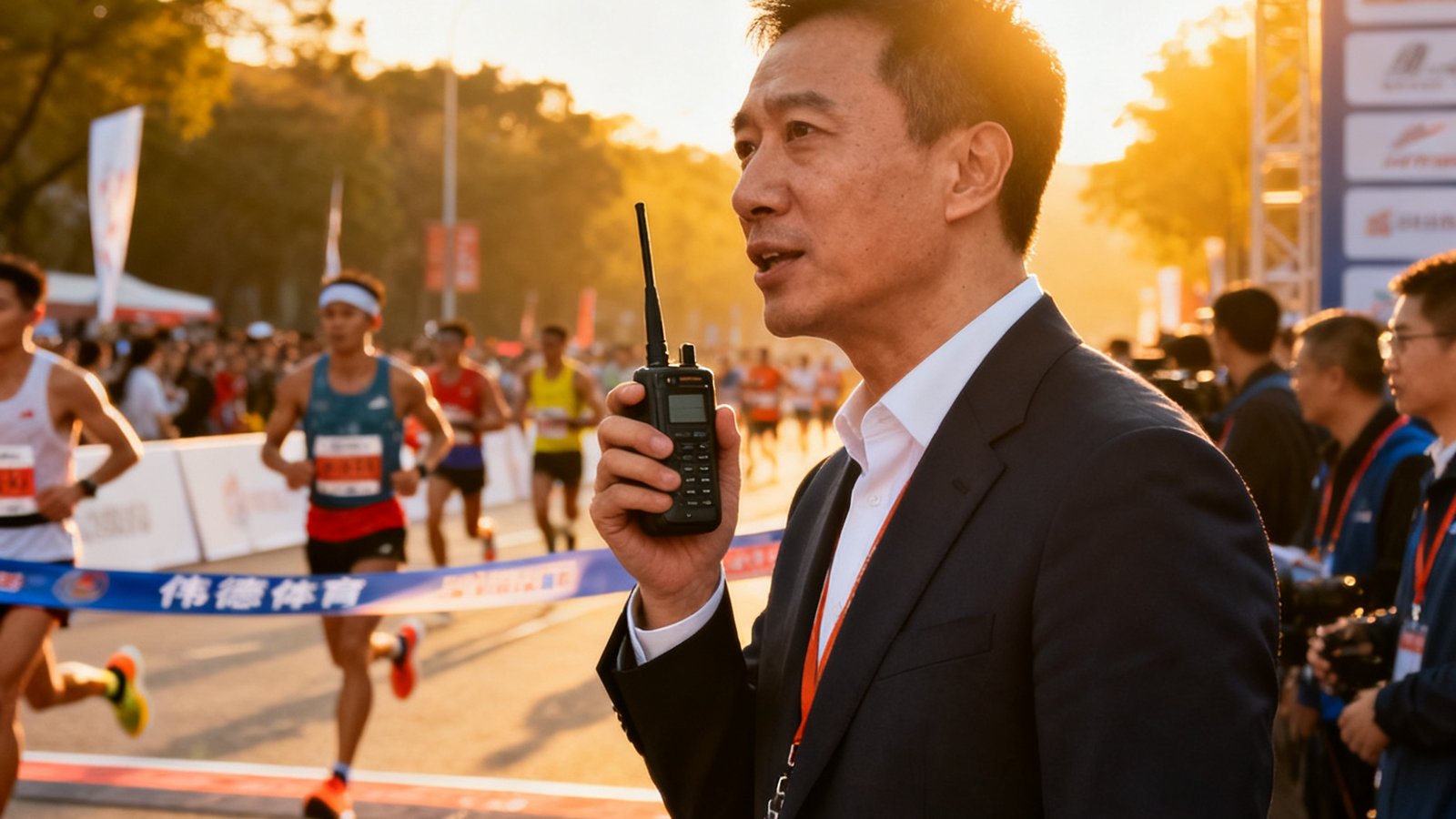 伟德体育现任CEO周明远身着深色西装站在马拉松终点线旁，手持对讲机与现场执行团队沟通，背景是完赛选手陆续冲线的热烈场景。